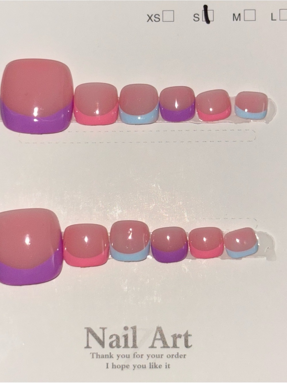Nude Pink Toe Nail Set with Purple, Pink & Blue Accents